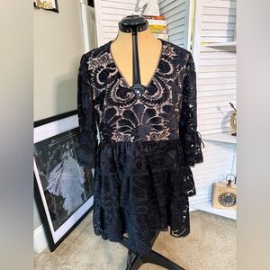 Authentic Monique Lhuillier Black Nude Lace Long Sleeve Ruffle Dress- NWT